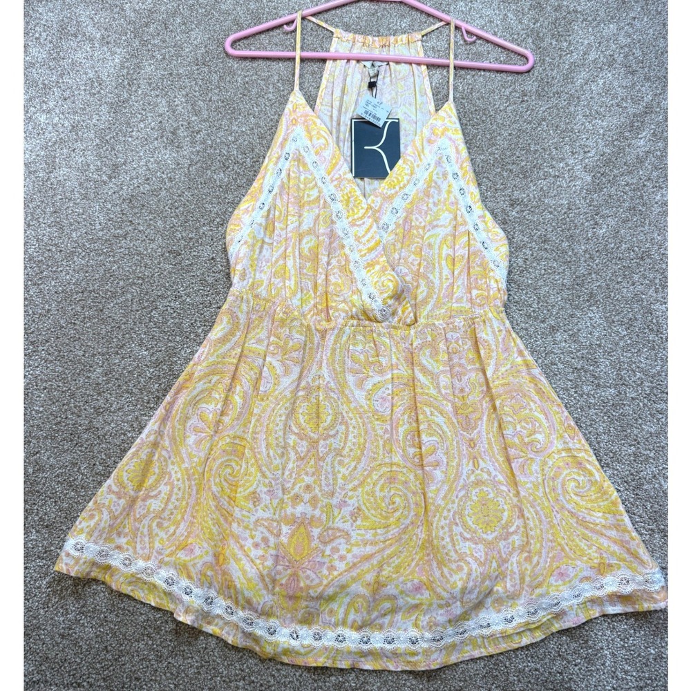 NEW Dance & Marvel Womens Yellow Paisley Lace Trim Strappy Tank Top Medium‎ Boho